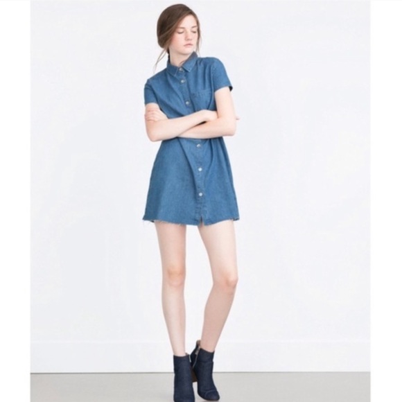 Zara Denim Raw Hem Button Up Mini Shirt Dress medium Preowned casual - Picture 1 of 6